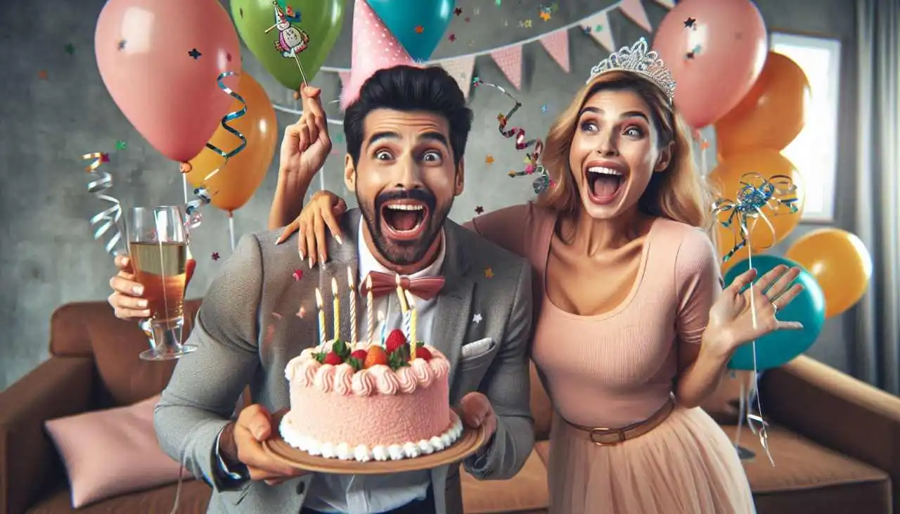 Image humoristique d'un mari et d'une femme célébrant l'anniversaire du mari avec un gâteau surprise et des chapeaux de fête.
