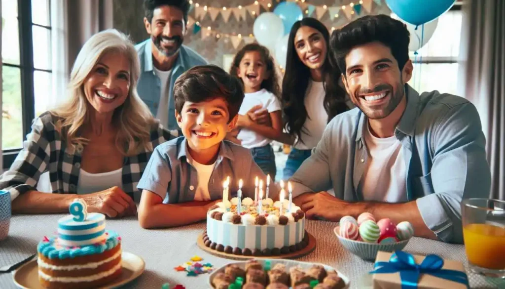 Un garçon réconfortant qui fête son anniversaire avec ses parents et d'autres personnes. Il y a de la joie et de l'excitation dans l'air.