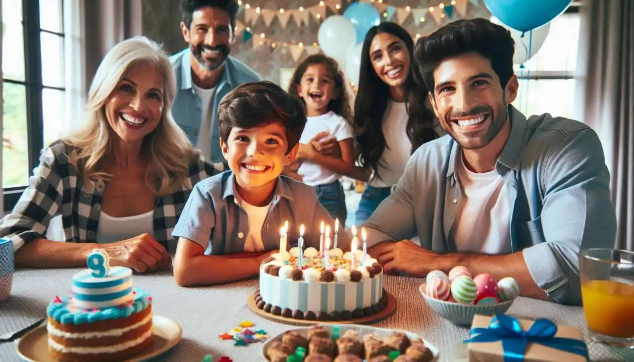Un garçon réconfortant qui fête son anniversaire avec ses parents et d'autres personnes. Il y a de la joie et de l'excitation dans l'air.