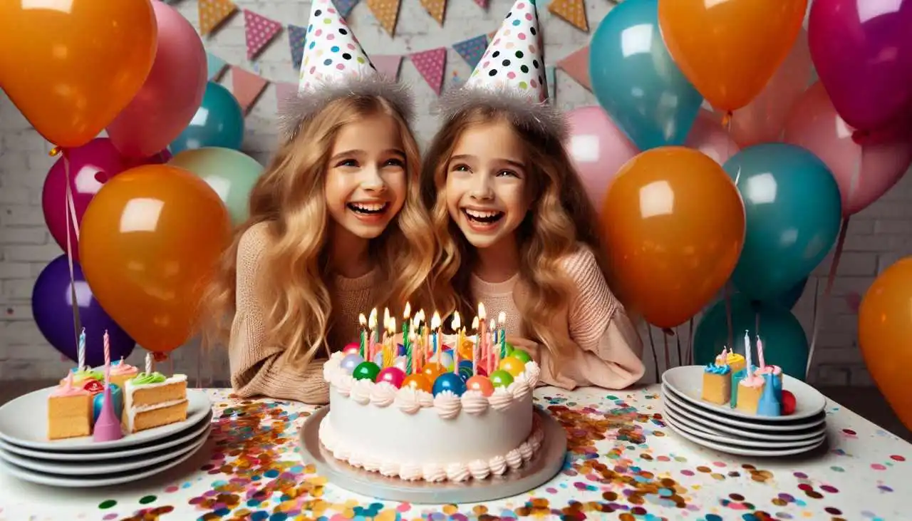 Une illustration adorable de deux sœurs qui rient ensemble pendant qu'elles fêtent un anniversaire, entourées de décorations festives et d'un gâteau d'anniversaire joliment décoré.