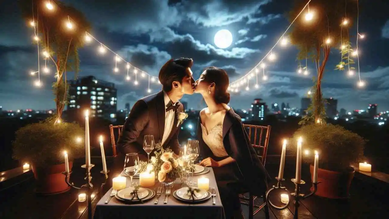 Un couple s'embrasse lors d'un dîner aux chandelles sous des guirlandes lumineuses, avec la pleine lune et l'horizon de la ville en arrière-plan.