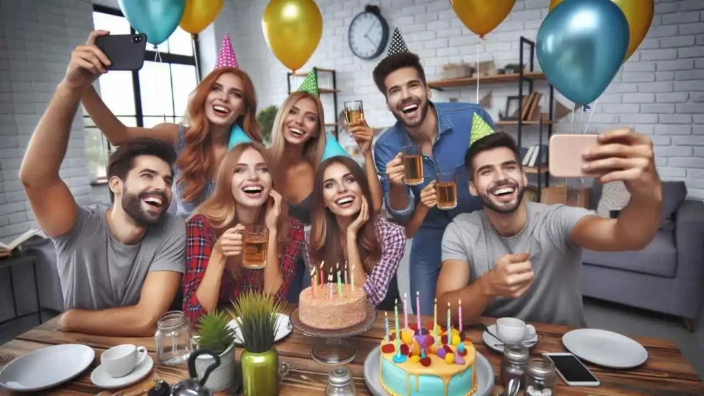 Des amis fêtant un anniversaire avec des rires et des confettis.