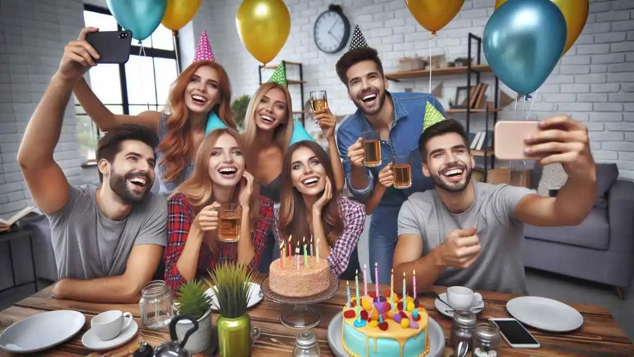 Des amis fêtant un anniversaire avec des rires et des confettis.