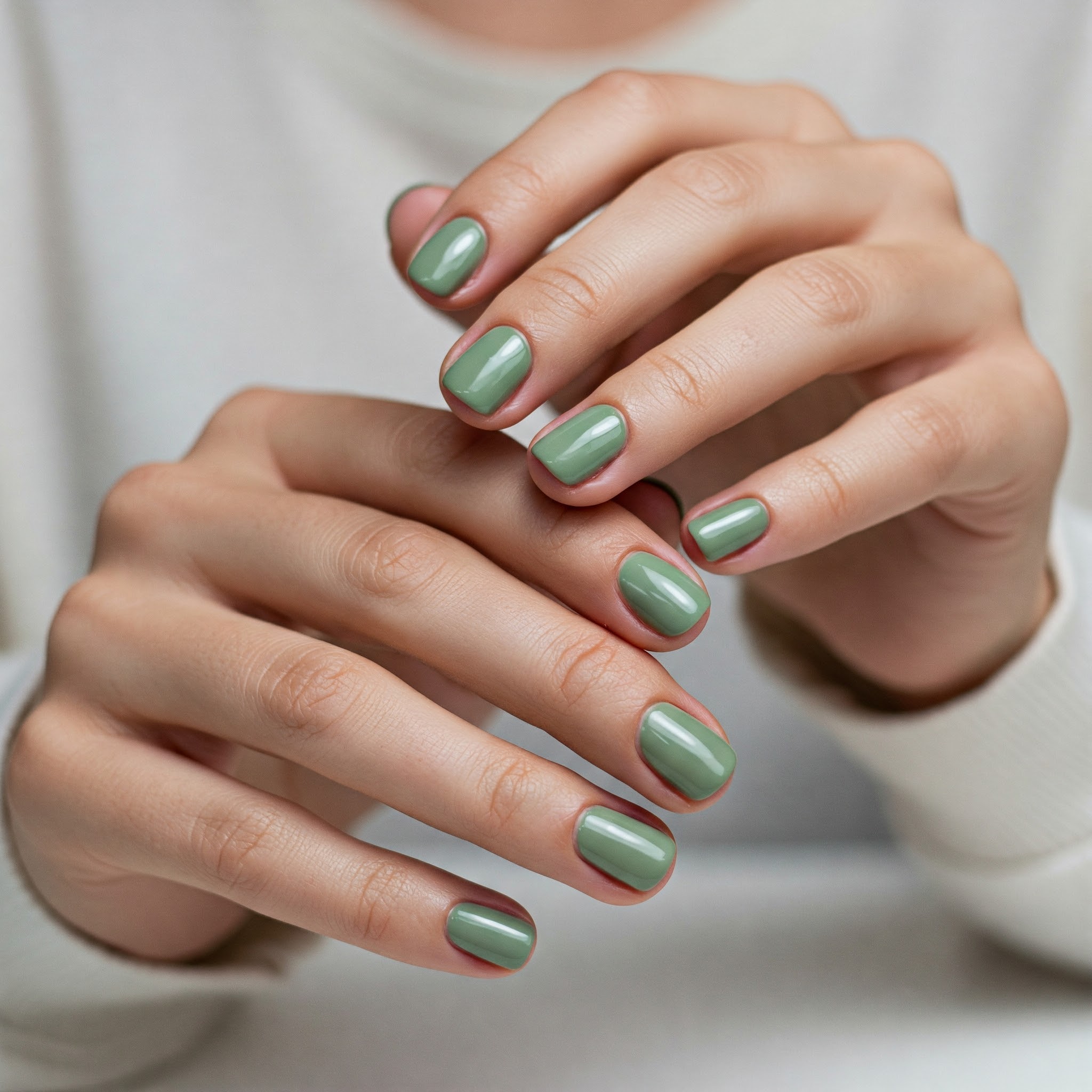 Sage green solid color manicure on short, rounded nails.