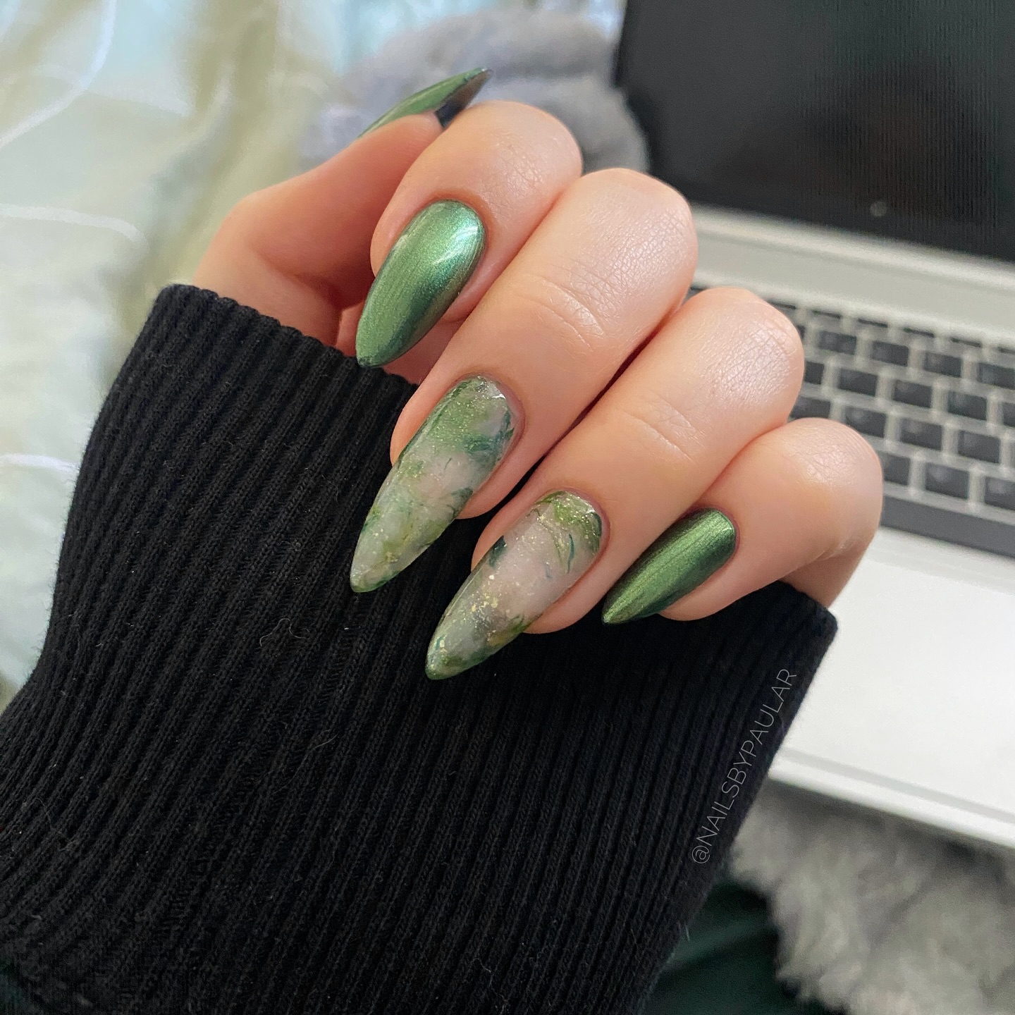 Neutral color block nails in beige, brown, and olive.