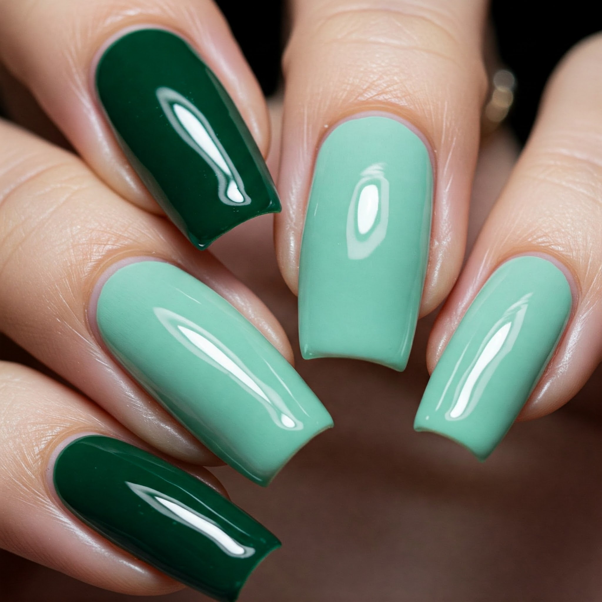 Emerald green and mint green color block manicure.