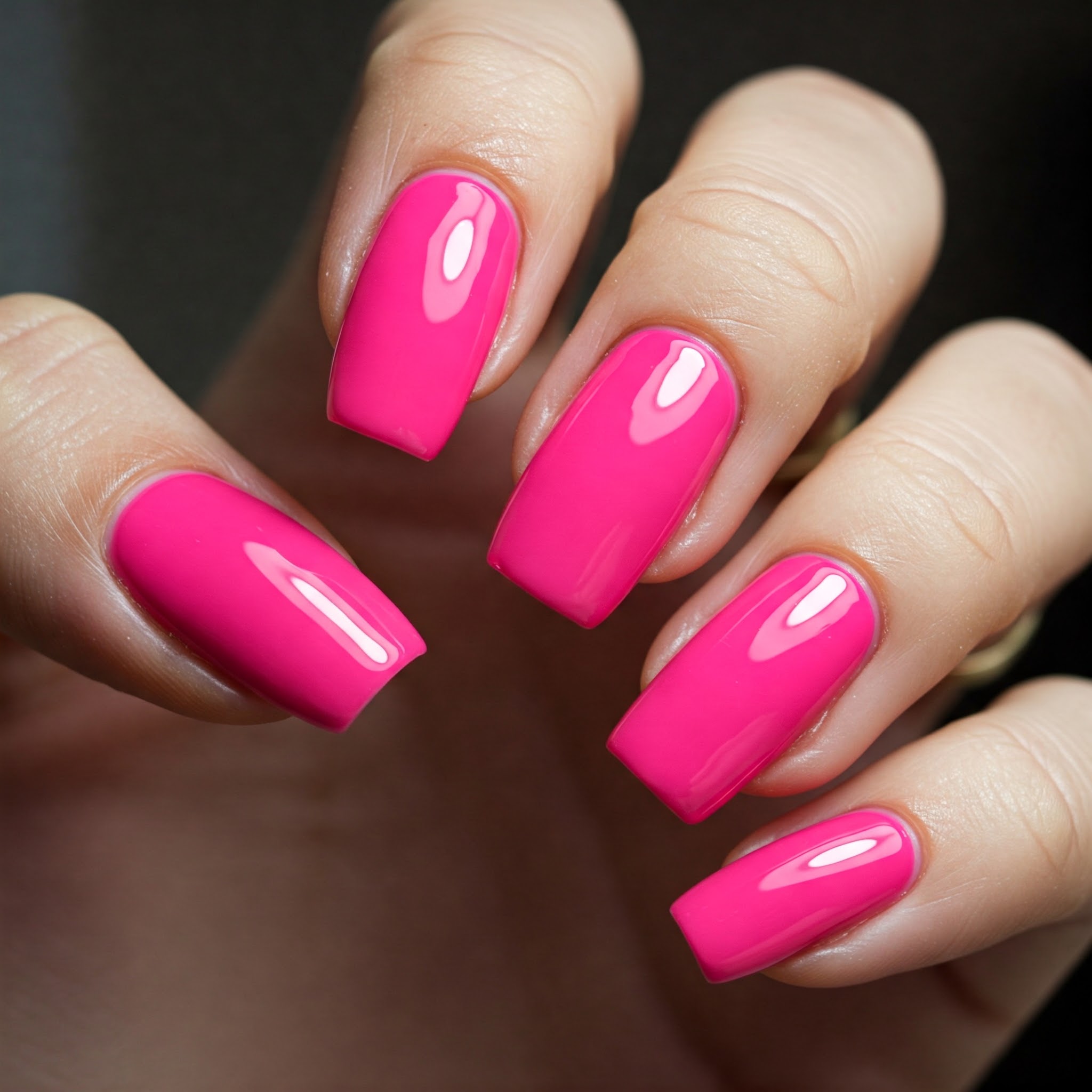 Hot pink nails, bold and vibrant color statement.