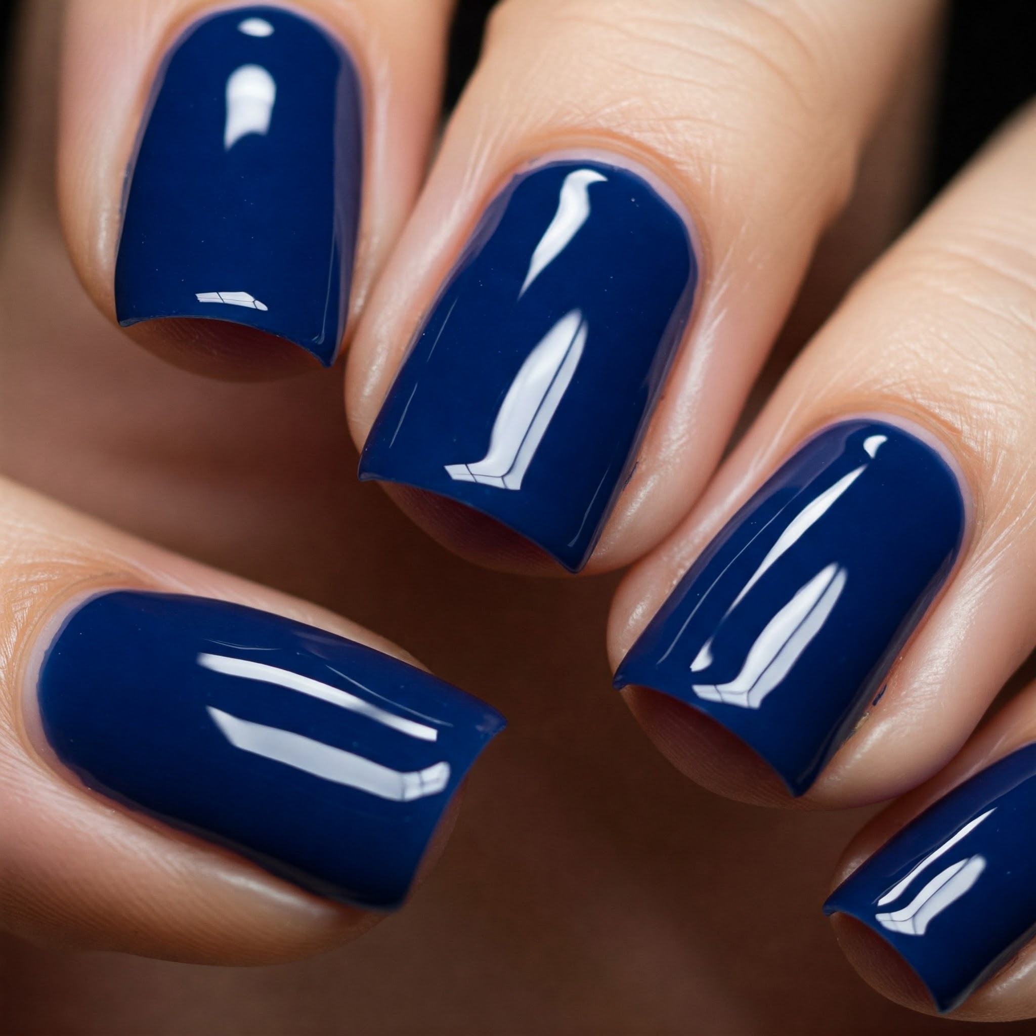 Glossy deep blue nail polish on long nails.