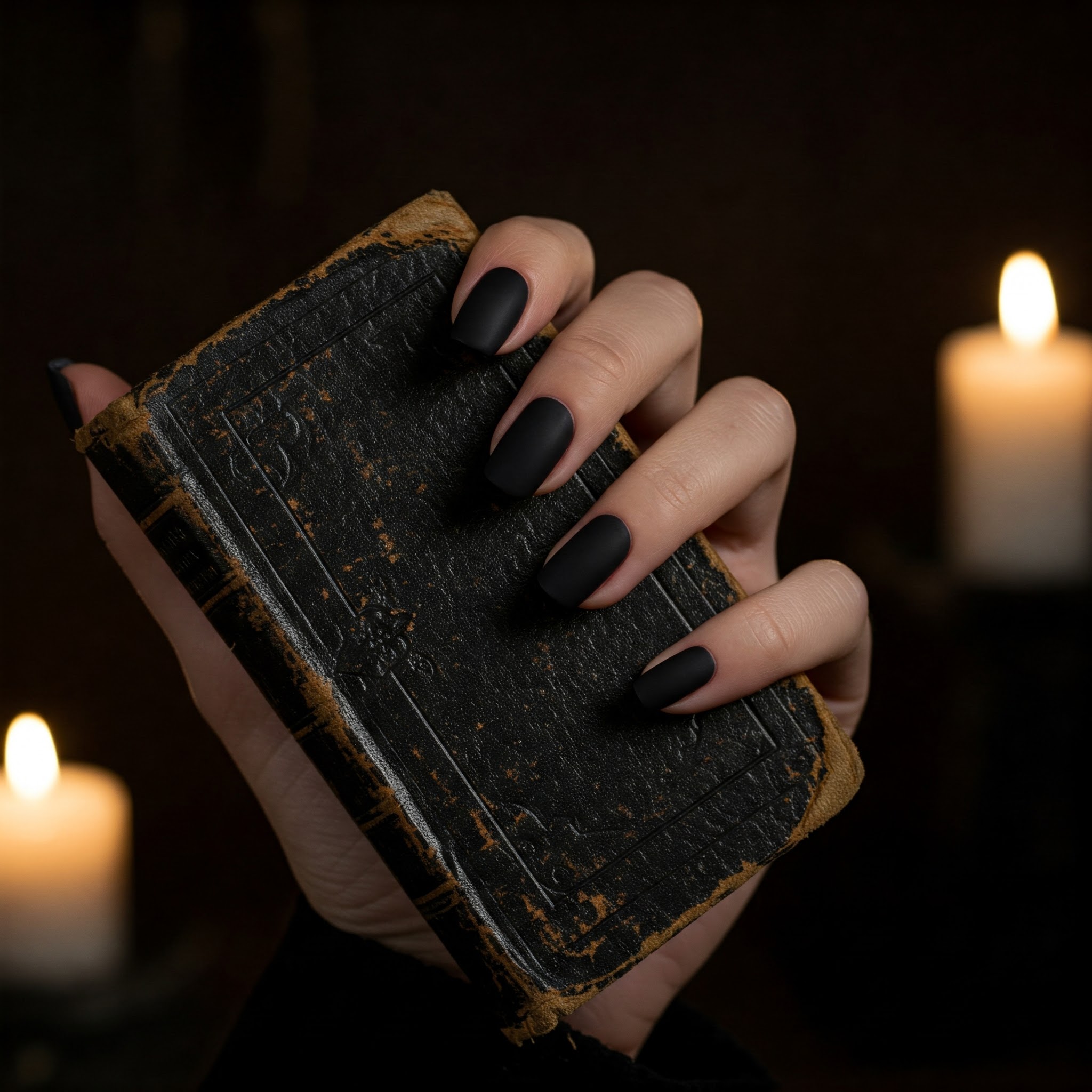 Matte black nails holding an antique book.