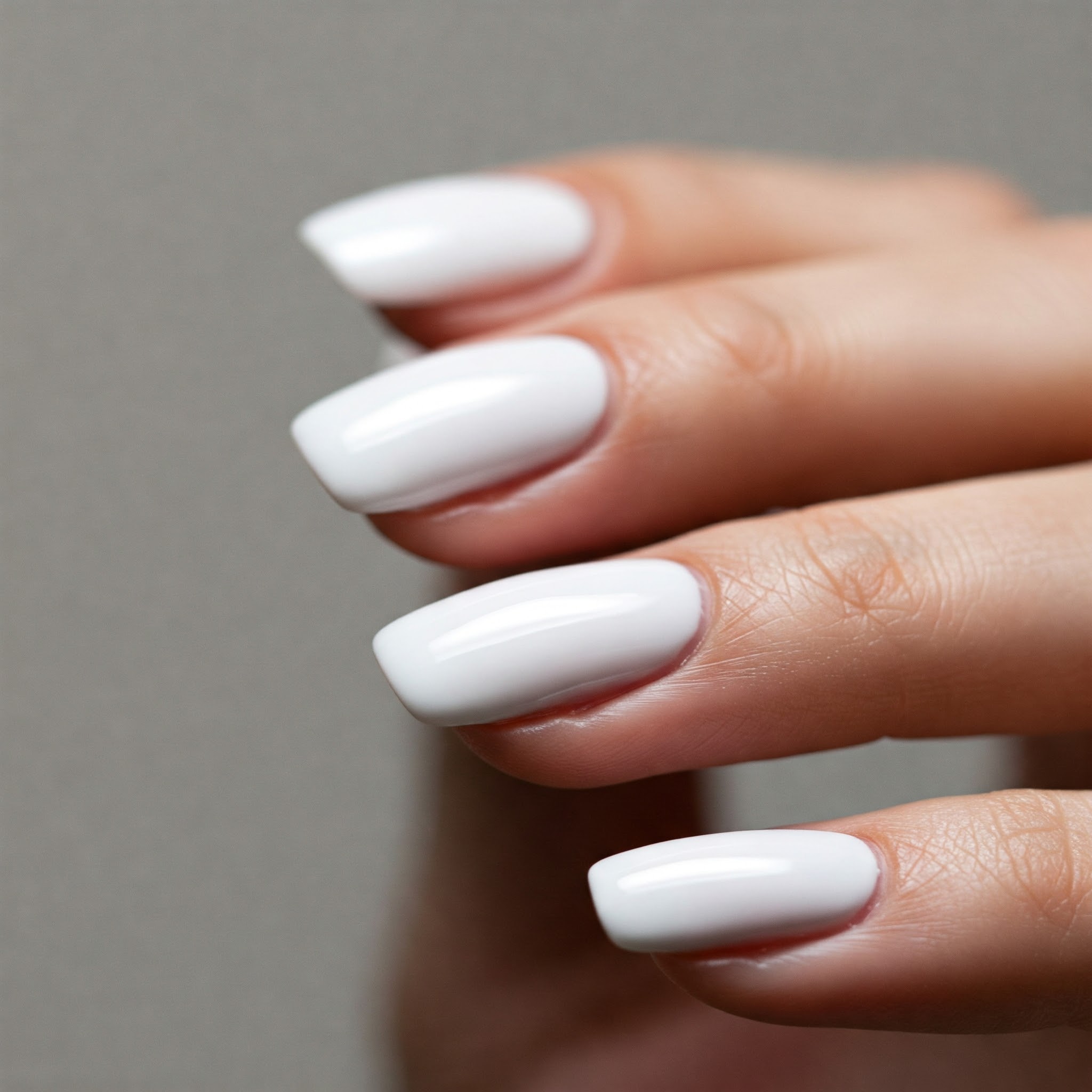 Plain white nail polish on short nails.
