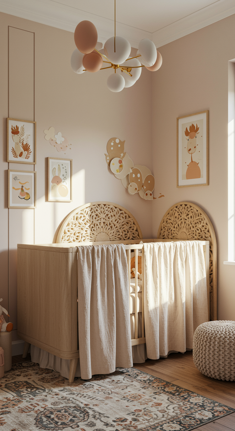 Neutral Indian nursery with carved crib.