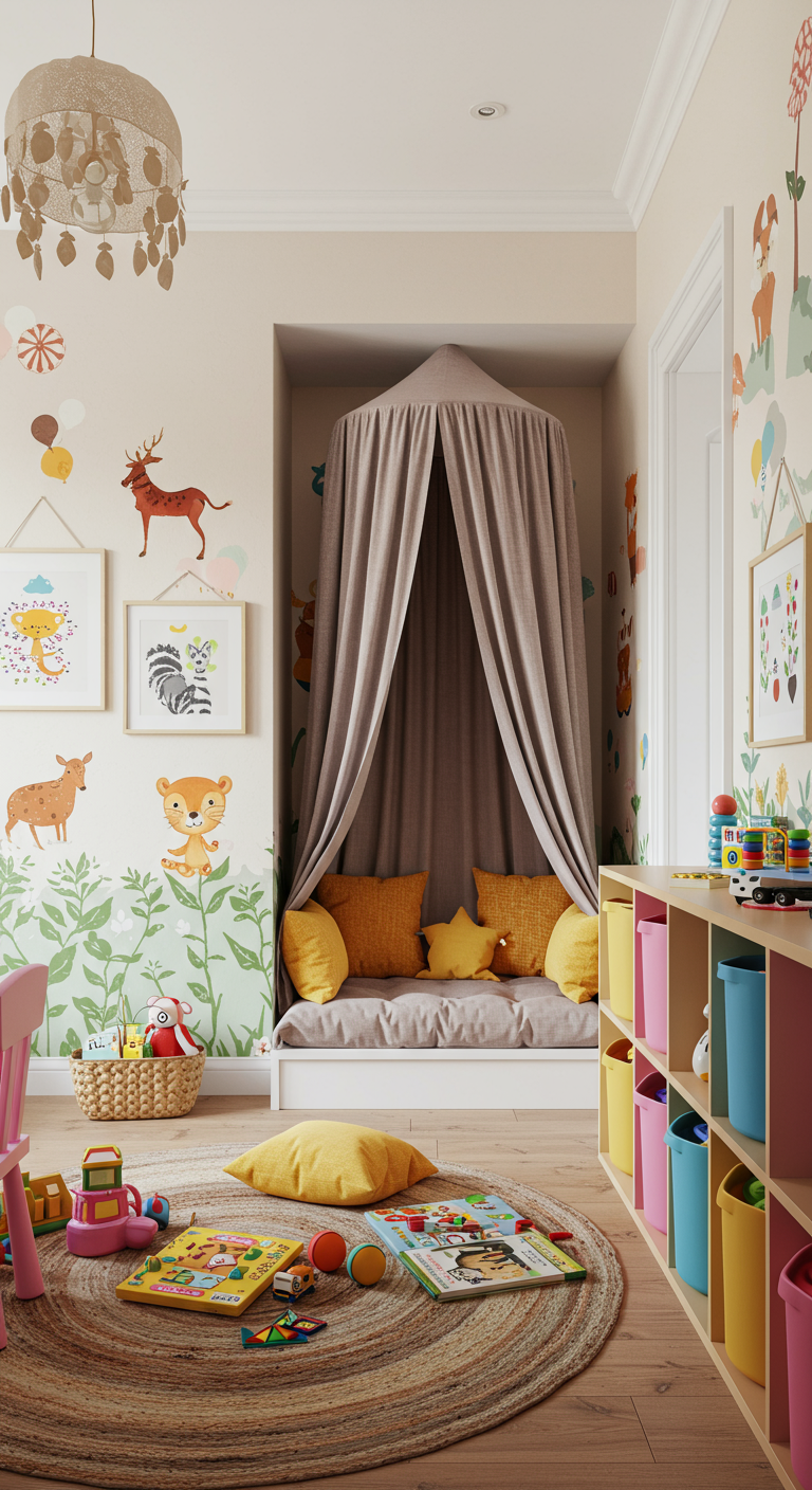 Cozy reading nook in a colorful kids room.