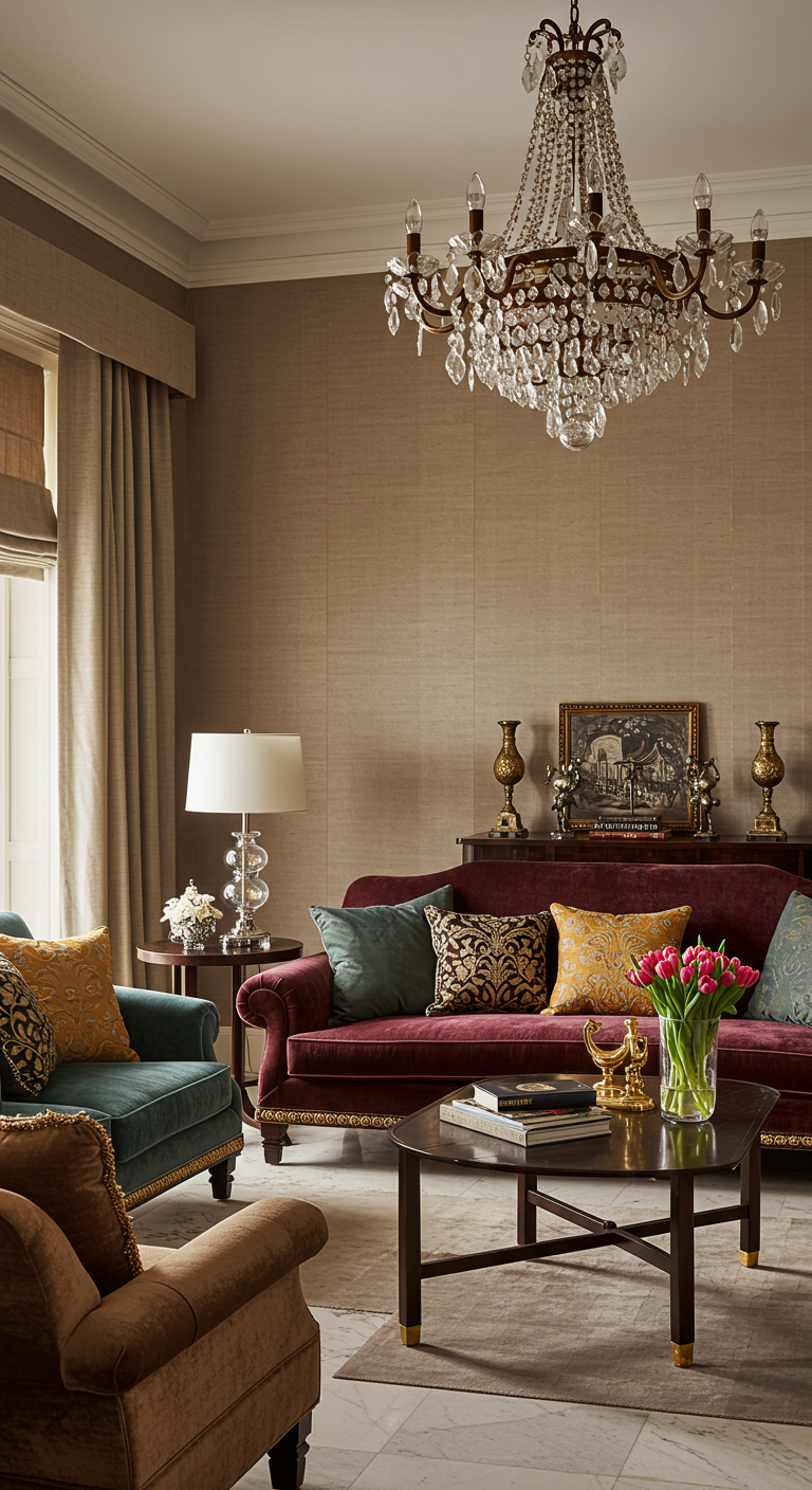 Classic Indian living room with velvet sofa and chandelier.