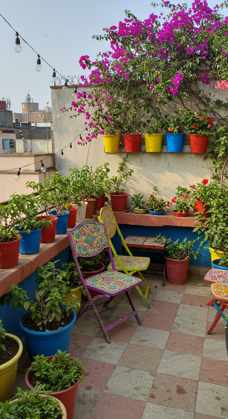 Rooftop garden in India, colorful pots and plants.