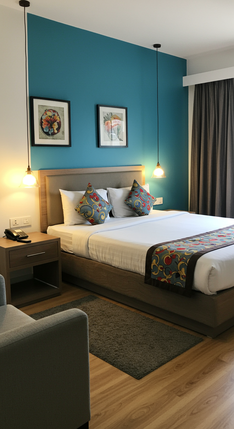 Symmetrical modern bedroom, grey and blue color theme.