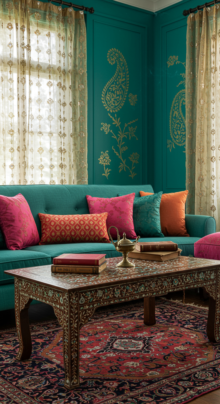 Teal living room with gold stencils and colorful cushions.