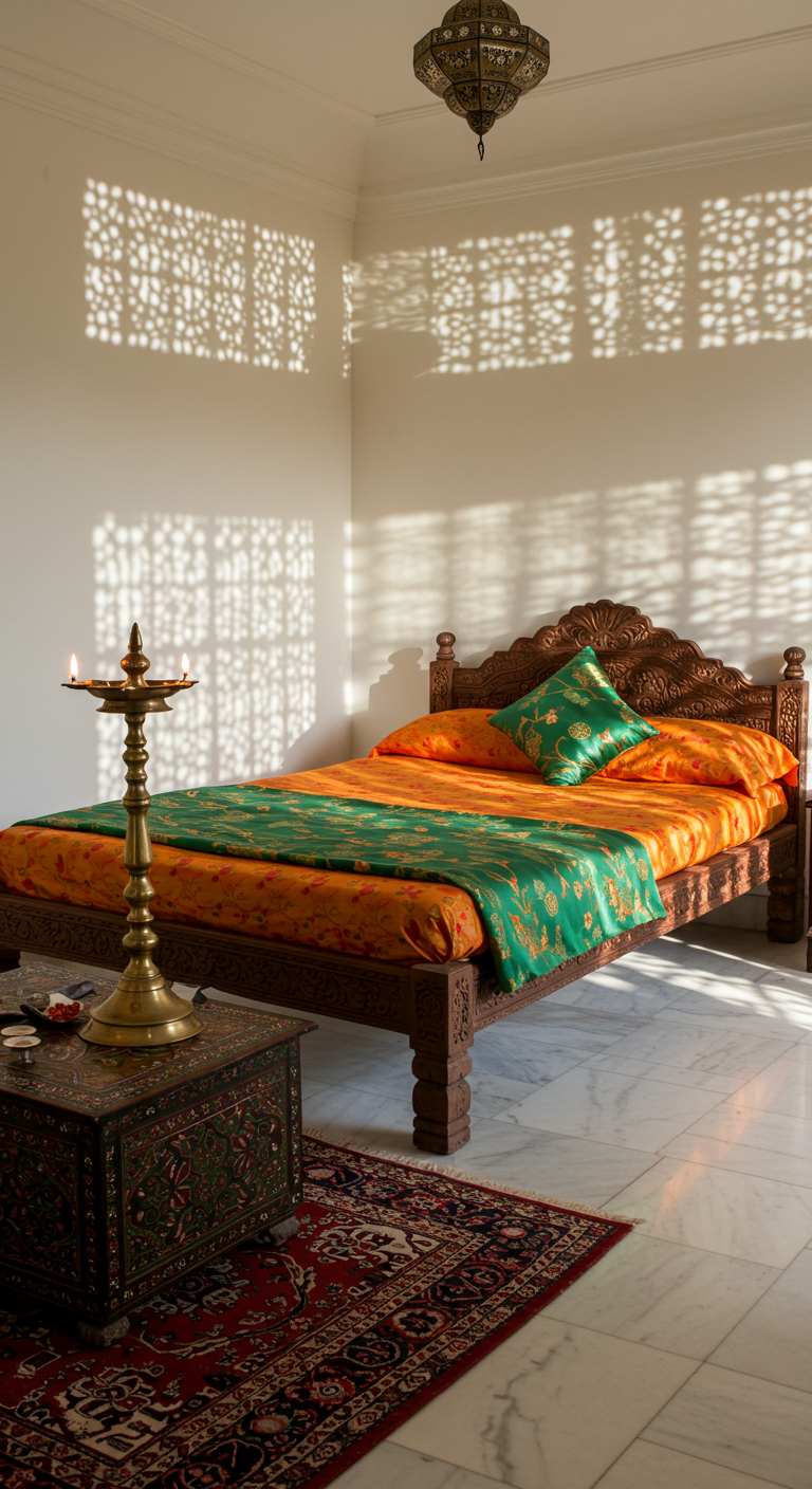 Ornate Indian bedroom with silk linens and carved wood.