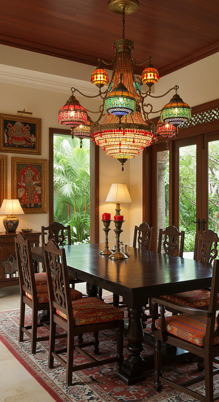 Indian dining room with colorful chandelier and carved furniture.