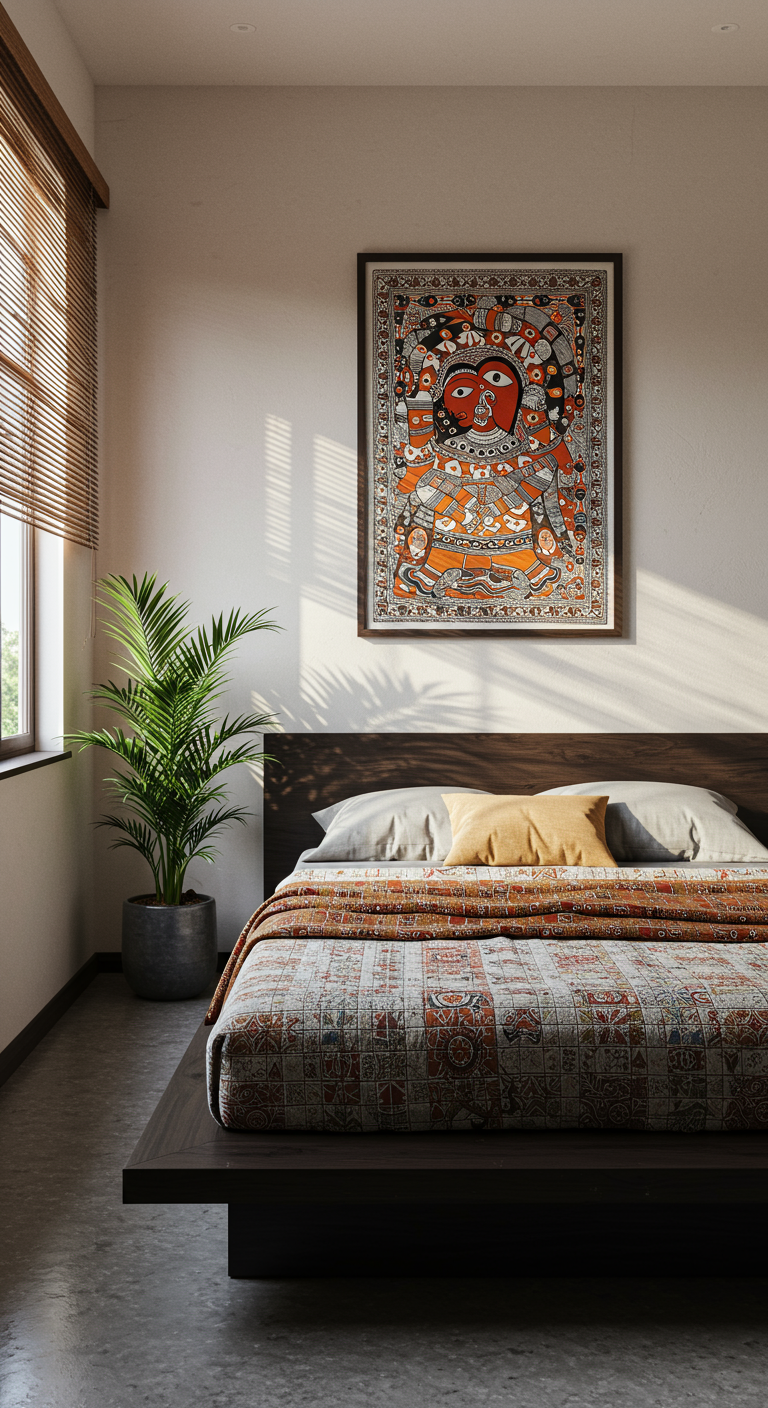 Minimalist bedroom with Madras quilt and Madhubani art.
