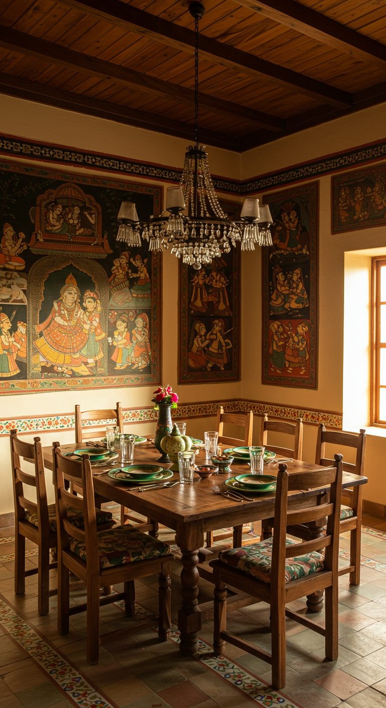 Dining room with hand-painted murals and wooden furniture.