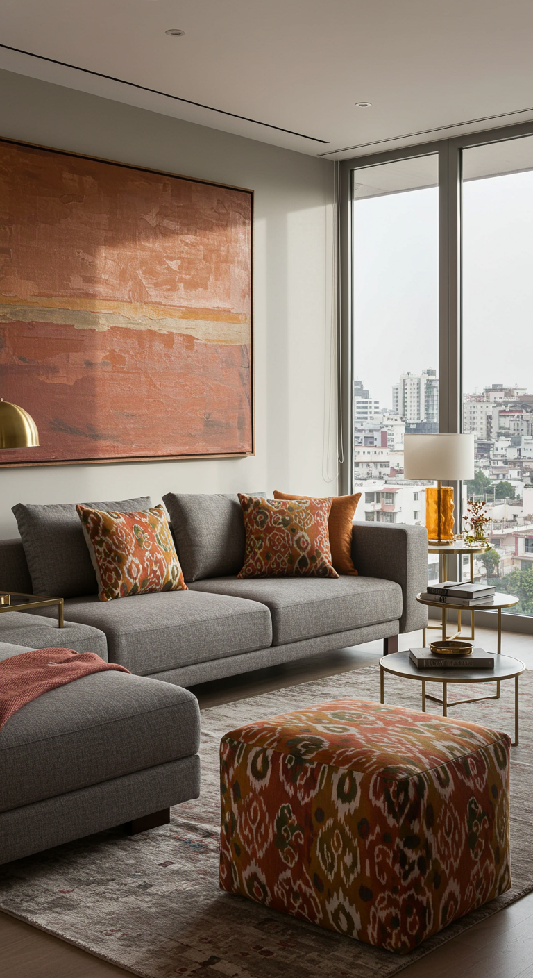 Modern Indian living room with city view.