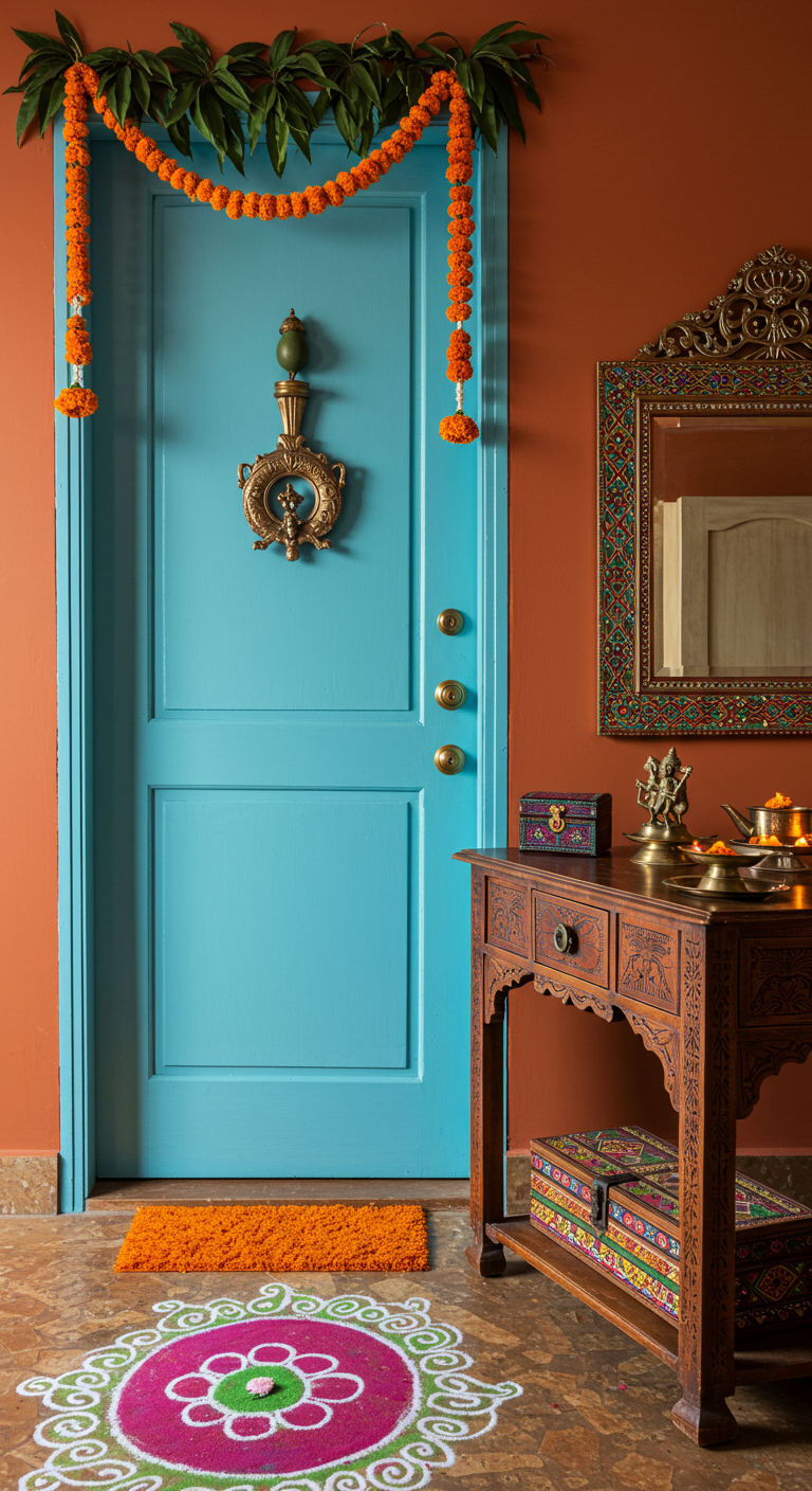 Colorful Indian entryway with rangoli and marigolds.