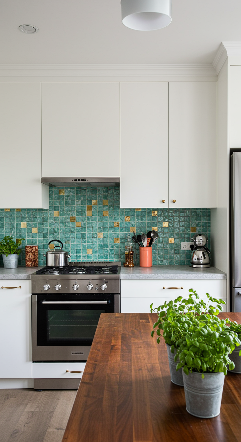 Modern kitchen with turquoise and gold backsplash.