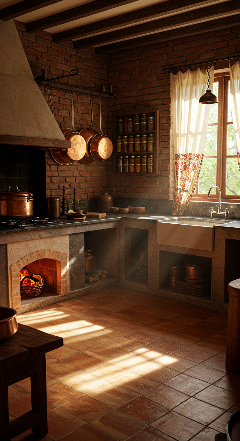 Rustic kitchen with brick walls and copper cookware.