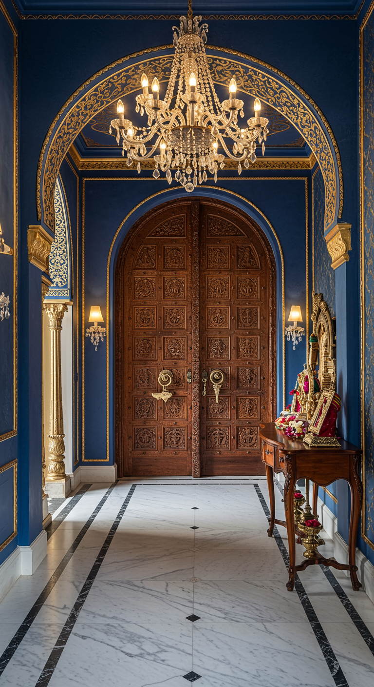 Royal blue hallway with gold trim and carved wooden doors.