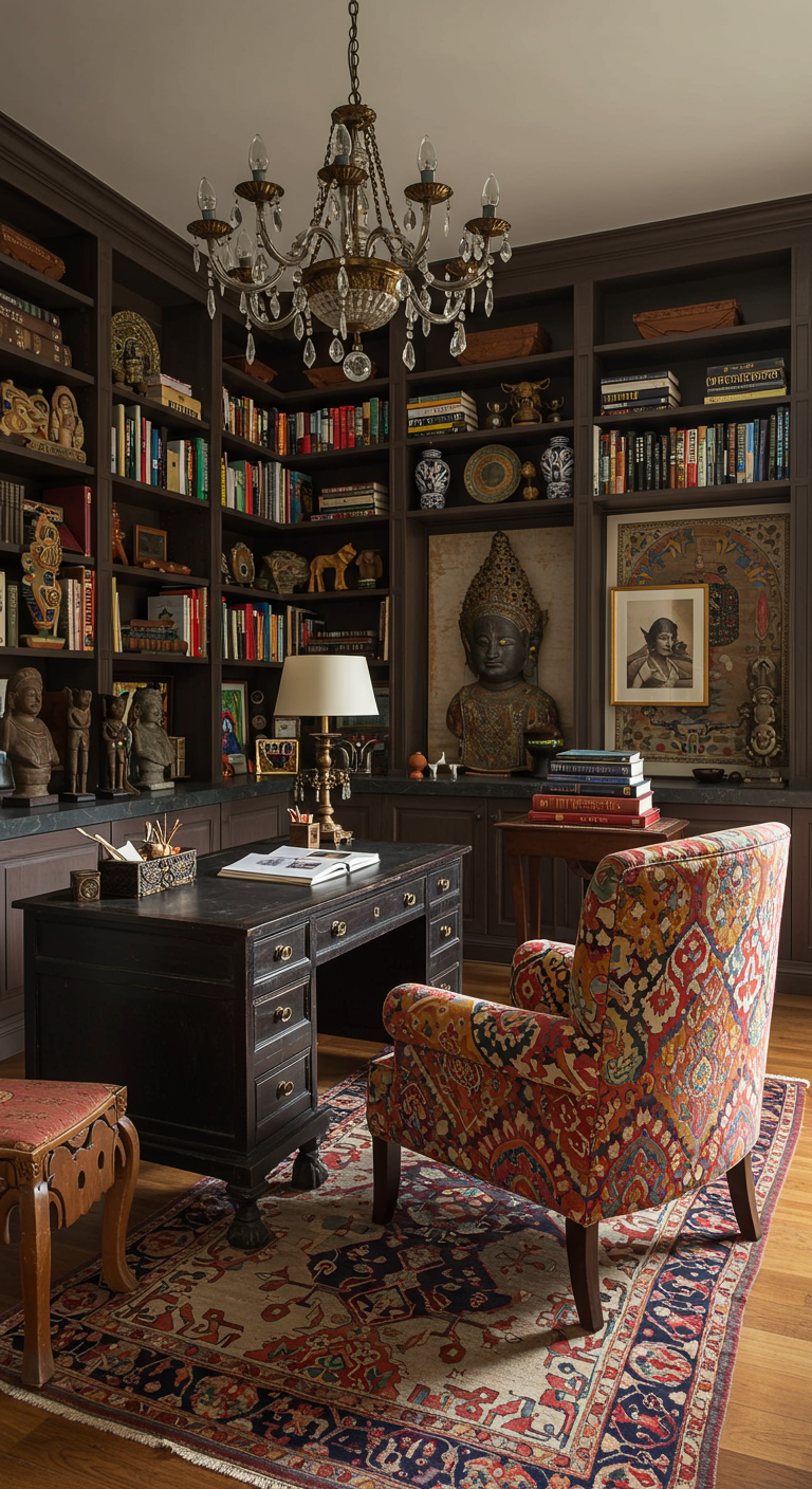 Indian study with bookshelves, chandelier, and patterned chair.