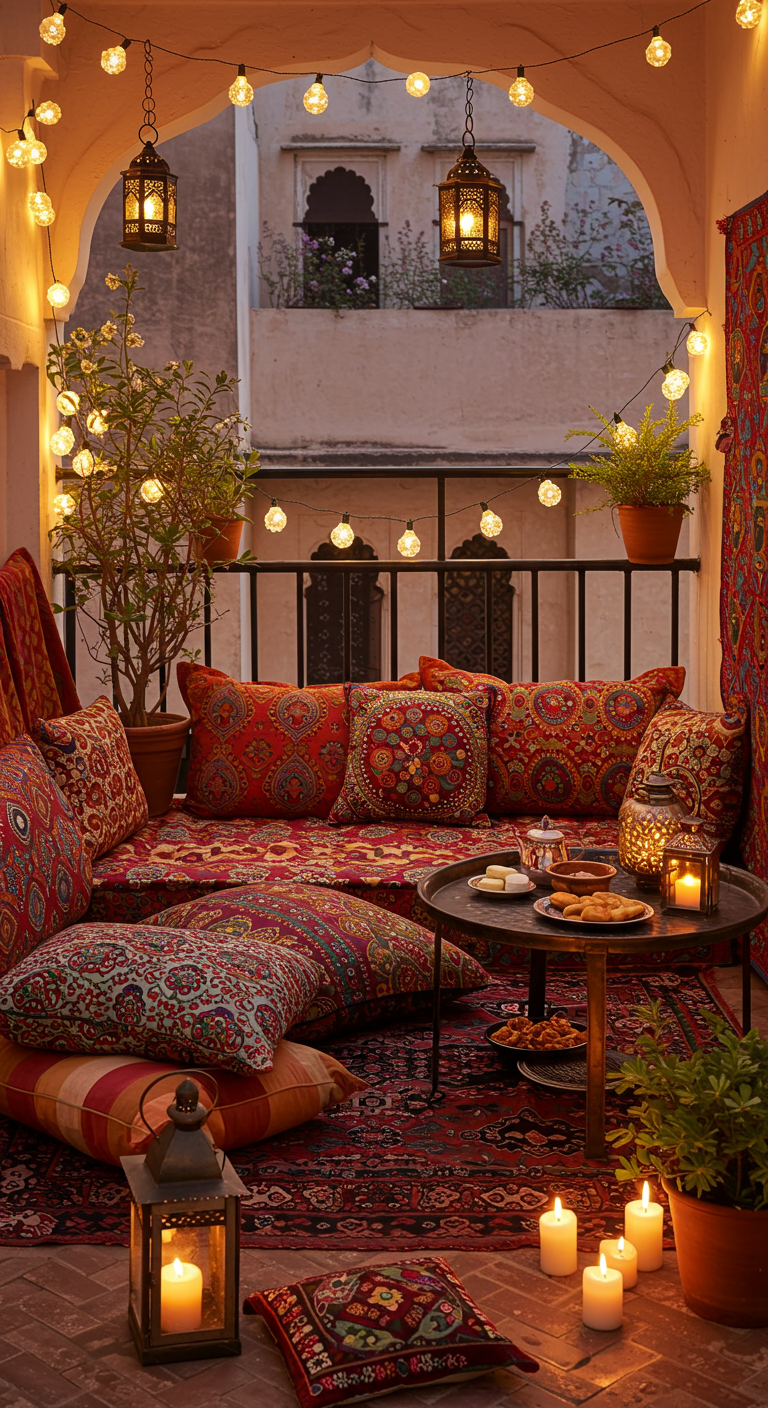 Indian courtyard lounge with lanterns and cushions.