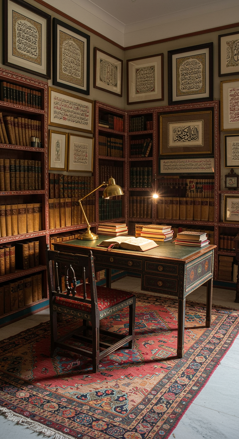 Home office with bookshelves, antique desk, and calligraphy art.