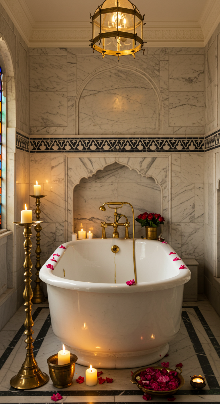 Luxury marble bathroom with tub and candlelight.