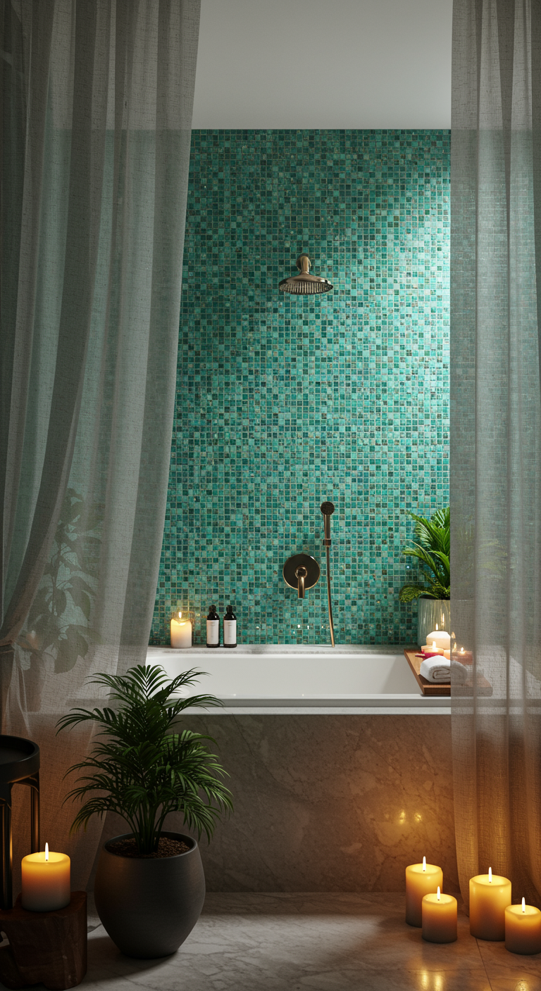 Spa bathroom with green tiles, candles, and plants.