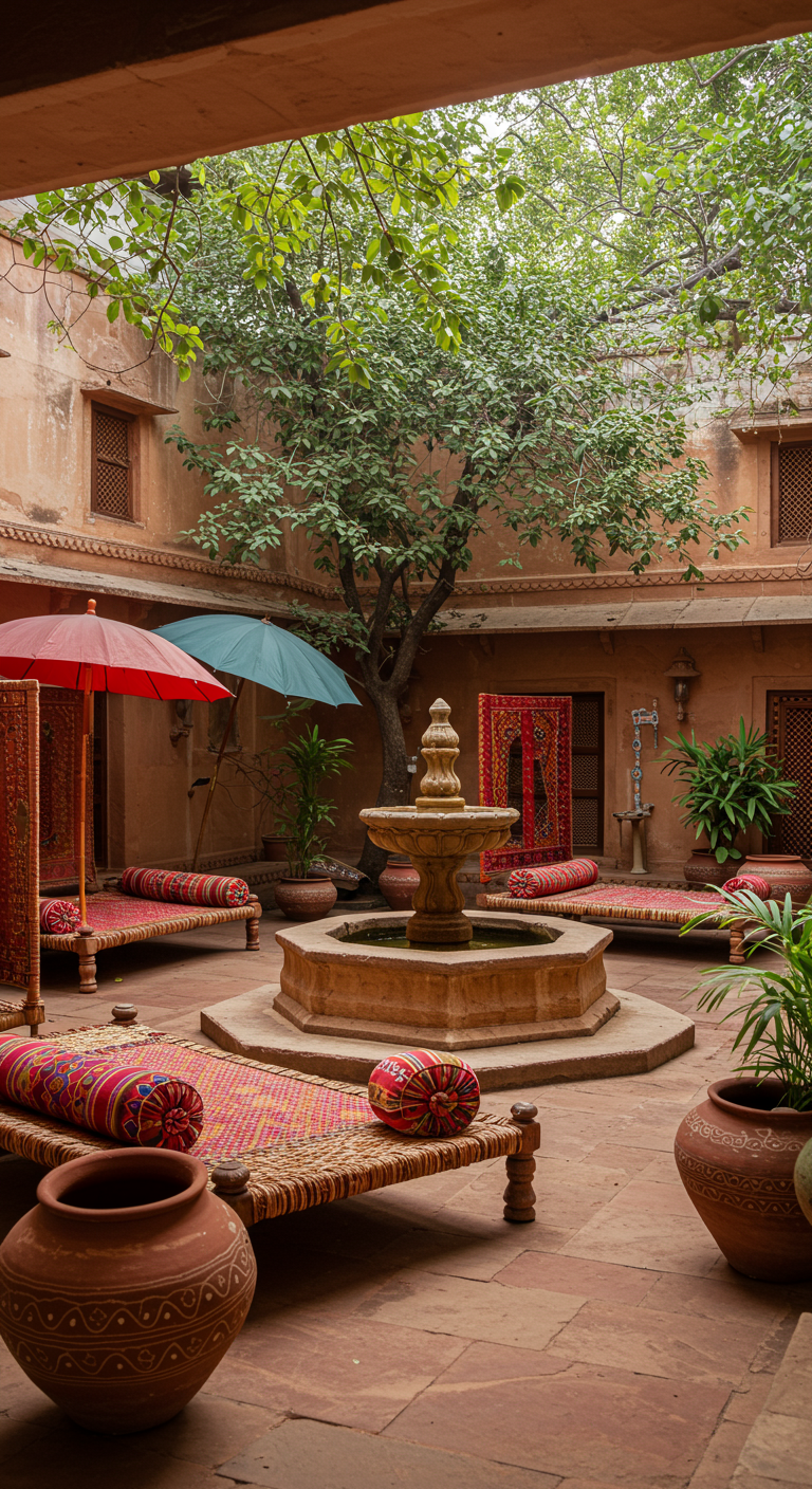 Tranquil Indian courtyard with fountain and daybeds.