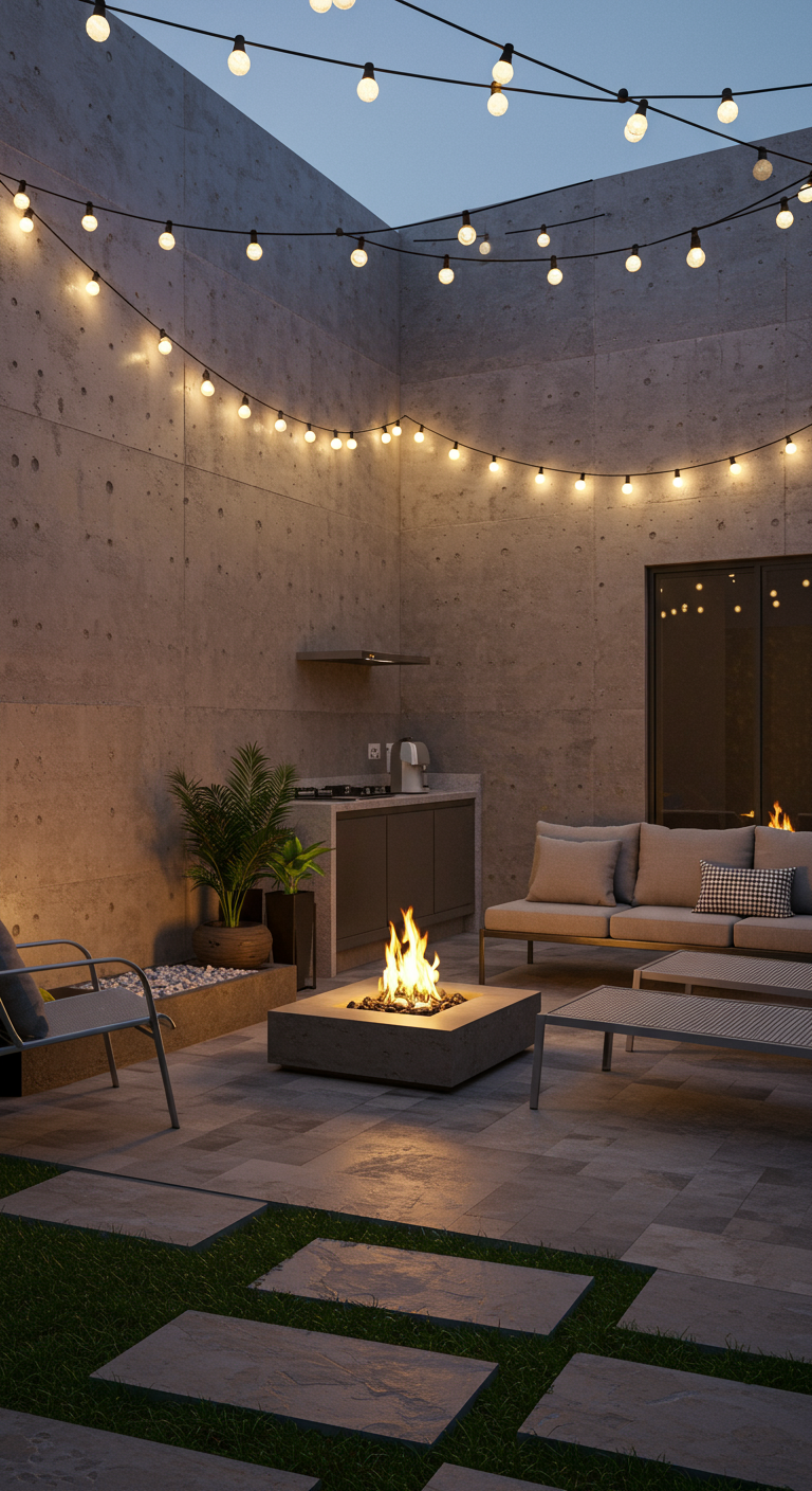 Modern patio with fire pit, string lights, and minimalist furniture.